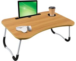 Lomera Opklapbare Laptoptafel - Bedtafel Houtlook - Laptop Standaard - Tablethouder - Bekerhouder - Opberglaatje - Anti-Slip Poten - MDF Tafelblad - Metalen Frame - 60x40 cm - Licht Hout - Laptoptafel Voor Bed - Werken In Bed