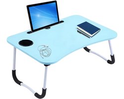 Lomera Opklapbare Laptoptafel - Bedtafel - Laptop Standaard - Tafel Met Bekerhouder - Tablethouder - Opberglaatje - Anti-Slip Poten - MDF Tafelblad - Metalen Frame - 60x40 cm - Blauw Tafelblad - Laptoptafel Voor Bed - Werken In Bed