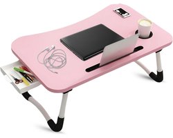 Lomera Opklapbare Laptoptafel - Bedtafel - Roze Laptoptafel - Tablethouder - Bekerhouder - Opberglaatje - Anti-Slip Poten - MDF Tafelblad - Metalen Frame - 60x40 cm - Compacte Laptoptafel - Draagbare Tafel - Multifunctionele Tafel