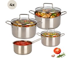 Lomera Pannenset - Rvs Pannenset - Kookpannenset - Kookpannen Set - Kookpannen Met Deksel - Pannenset Met Deksels - 4 Delige Pannenset - Zilveren Pannenset - Steelpan Set