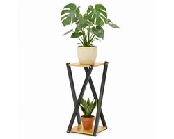 Lomera Plantenstandaard voor Binnen - Plantentafel - Plantenzuil - Plantenkruk - Bijzettafel - Plantenrek - Plantenmeubel - Bloemenkruk - Plantenhouder - Industrieel Metalen Ontwerp met 2 Houten Etages voor Kamerplanten
