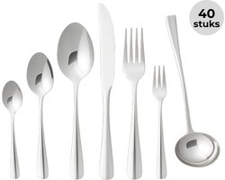 Lomera Roestvrijstalen Bestekset - 40-Delig - 6 Persoons - Diner Vork - Diner Lepel - Diner Mes - Theelepel - Dessertlepel - Cakevork - Sauslepel - Serveerlepels - Complete Bestekset - Goede Kwaliteit - Zilverkleurig - Luxe Bestekset