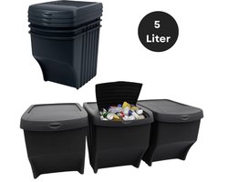 Lomera Stapelbare Afvalbakken - Recycle Prullenbakken - Zwart Kunststof - Afval Scheiden - Set Van 3 met Klepdeksel - Ruimtebesparend Ontwerp - Inclusief Stickervel - Afvalbak Set