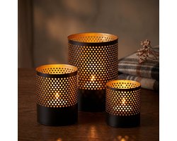 Lomera Theelichthouder Set van 3 - Waxinelichthouder Zwart Met Goud - Metalen Windlicht - Kaarsenhouder voor Woonkamer - Sfeerlicht voor Tafeldecoratie - Geperforeerd Metaal voor Sfeervolle Kaarsen Decoratie