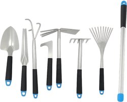 Lomera Tuingereedschap Set - 8-Delige Set - Hark En Schop - Telescopische Steel - Metaal En Kunststof - Planthulp - 3-Tands Hark - 5-Tands Hark - Tuinklauw - Voegmes - Tuinaccessoires - Handgereedschap - Tuinonderhoud - Multifunctioneel Gebruik