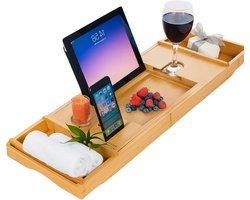 Lomera Verstelbare Badplank - Bamboe Badplank - Badplank Voor In Bad - Uitschuifbare Badbrug - Badrekje Voor Bad - Boekenhouder - Tablethouder - Wijnglashouder - Zeepbakje - Telefoonhouder - Bamboe Materiaal