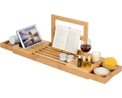Lomera Verstelbare Badplank - Bamboe Badrek - Badplank Voor In Bad - Uitschuifbaar Badrek - Boekensteun En Tablethouder - Wijnglashouder - Badkamer Accessoires - Waterbestendig Bamboe - Badplank Met Houder - Badkuip Plank