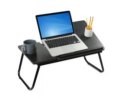 Lomera Verstelbare Bedtafel – Laptoptafel Zwart – Ontbijt Op Bed – Opklapbaar Onderstel – Anti-Slip Rubber – Verstelbaar In Hoogte – Laptop Standaard – Inklapbare Tafel – Bedtafel Met Bekerhouder – MDF Tafelblad – Metalen Frame – Zwart Tafelblad