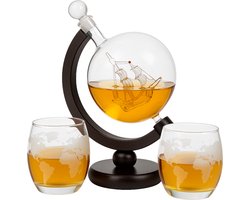 Lomera Whiskey Karaf – Globe Decanter – Whiskey Set – Inclusief 2 Glazen – Luxe Houten Standaard – Luchtdichte Afsluiting – Globe Model – Whiskey Glazen – Whisky Karaf – Whisky Decanteerder – Cadeau Voor Mannen – Luxe Uitvoering – Glazen Wereldbol