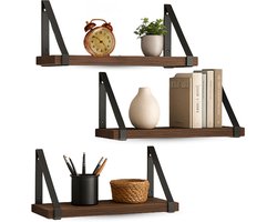 Lomera Zwevende Wandplank - Set van 3 - Vintage Design - Metalen Beugels - Houten Planken - Muurplank - Industrieel Ontwerp - Boekenplank - Montagetijd 5 Minuten - Incl. Bevestigingsmateriaal - Fortune Paulownia Hout - 40/35/30 cm