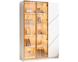LONG DRAGON Glasvitrine, hoogte 165 cm – driedeursvitrine met LED-verlichting, licht in meerdere kleuren verstelbaar, vrijstaande vitrine met veiligheidsglas, verstelbare legplanken en kantelbeveiliging, witte vitrine, wijnkast