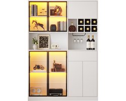 LONG DRAGON Moderne Landelijke - Vitrinekast - 140x30x200 cm - Wit met LED verlichting - 7 deuren, 1 lade, wijnrek en glazenhouder