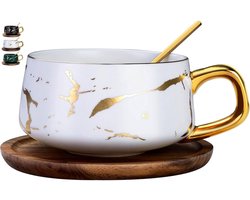 longziming -Ceramic Cups - Cappuccino Cups - Melkschuim Behoudend Design - Bleivrije Keramiek - Matte Afwerking Met Gouden Marmerstructuur - Ideaal Voor Warme Dranken - 1 Stuks - wit