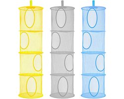 longziming - Hangende Opberger - Hangende Opbergmand - 3 Stuks - 4 Vakken - Opberg Organizer Opvouwbaar - Voor Kinderkamer, Badkamer En Balkon - Geel, Blauw En Grijs