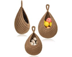 longziming - Hangmand - Hangende Fruitmand - Wandmand - Opbergmand - Set van 3 - Natuurlijk katoen - Ademend ontwerp - Handgevlochten
