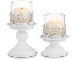 longziming -Kaarsenhouders – Vintage Metalen Windlichten voor Stompkaarsen – Vintage bloemendesign – Metaal en glas – Decoratie voor Woonkamer en Tafel – 2 stuks