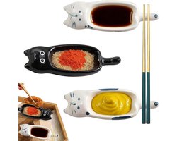 longziming -Keramische Dipschalen - Kattenvormige Sauskommen - Dip Schaal Set - Lepelhouder Functie - Stapelbaar Ontwerp - Geglazuurde Keramiek - Geschmacksneutral - Magnetronbestendig - 3 Stuk