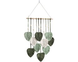longziming -Macramé wandtapijt - Handgemaakte Macramé Wanddecoratie van Katoen – Uniek Bladontwerp – Natuurlijke Boho Woondecoratie 40×90 cm – Sfeervolle Muur – Legergroen