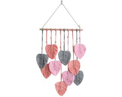 longziming -Macramé wandtapijt - Handgemaakte Macramé Wanddecoratie van Katoen – Uniek Bladontwerp – Natuurlijke Boho Woondecoratie 40×90 cm – Sfeervolle Muur – Roze