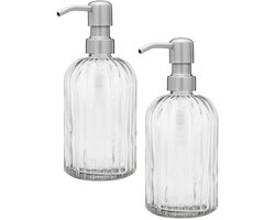 longziming Set van 2 Glazen Zeepdispenser 400ml – Navulbare Pompfles voor Vloeibare Zeep, Shampoo, Lotion – Keuken & Badkamer – Transparant