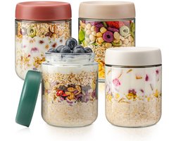 longziming -Set van 4 Glazen Voedselpotten 500ml – Luchtdichte Deksel in 4 Kleuren – Duurzaam en Praktisch – Ideaal voor Yoghurt, Pudding en Meal Prep