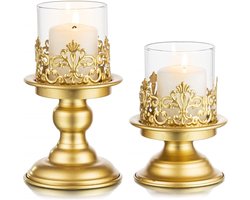 longziming -Windlichthouder van metaal – Kaarsenhouders – Vintage Metalen Windlichten voor Stompkaarsen – Matte Gouden Tafelkandelaars met Cilinder – Decoratie voor Woonkamer en Bruiloft - 2 stuks