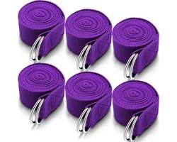longziming-Yoga Riem - Yoga strap - Stretch Band - Pilates - 6 stuks - 2,4 meter - 3,8 cm breed - D-vormige metalen gesp - Antislip katoen-polyester - Zwart & paars - Voor flexibiliteit, rekken en yogahoudingen - Paars
