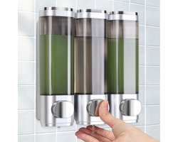 longziming - Zeepdispenser Wandmontage - 3-in-1 Shampoo Douchegel Conditioner Dispensers - Zonder Boren, Anti-Lek, Gelijkmatige Vloeistofafgifte - Zilver