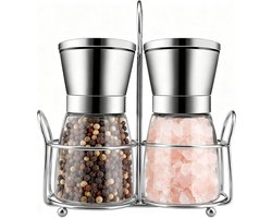 longziming - Zout- en Pepermolen Set Met Stand - 2 stuks - 180ml Zout En Pepermolen - Glas Roestvrijstaal Met Keramische Grinder - Verstelbaar Kookaccessoires Voor Zout Peper Kruiden En Specerijen
