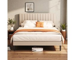 Lonheo Gestoffeerd bed - 140x200 cm - met Hoofdbord en Lattenbodem - Metalen Bedframe - Tweepersoonsbedden - met 17 cm Opbergruimte - Stevig - Stil - Gemakkelijk te Monteren - Grijs