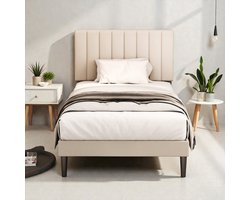 Lonheo Gestoffeerd Bedframe 90x200 cm - met Verticale Strepen - Bedframe met Lattenbodem - Grote Opbergruimte 17 cm - Eenpersoonsbed - Stevig Metalen Frame - Zonder Matras - Draagkracht 260 kg - Grijs