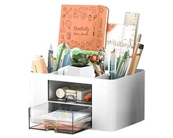 LONNEY Bureau-organizer, 5 vakken, pennenhouder, bureau-tafelorganizer met lade, multifunctionele bureauorganizer voor pennen, kantoor, thuis, school, ruimtebesparend, wit