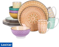 LooMar Luxe Serviesset – 16 delig – 4 persoons – Porselein - Bordenset – Dinner platen – Dessertborden - Kommen - Mokken - Set - Multi Color