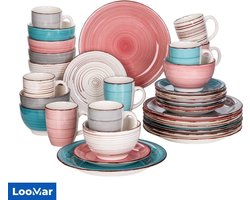 LooMar Serviesset – 32 delig – 8 persoons –Porselein - Luxe – Bordenset – Dinner platen – Dessertborden - Kommen - Mokken - Set - Roze - Wit - Blauw - Multi Color