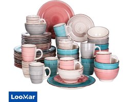 LooMar Serviesset – 48 delig – 12 persoons – Porselein - Luxe – Bordenset – Dinner platen – Dessertborden - Roze - Multi Color