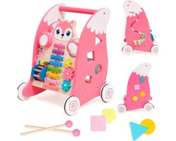 Loopwagen voor baby's - Houten wandelwagen voor baby's met Montessori-speelgoed - Babywalker met rubberen banden - Educatief speelgoed met vormsortering, spiegels, xylofoon, voor kinderen vanaf 6 maanden