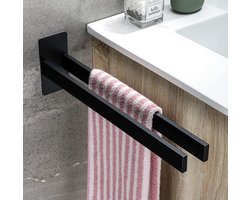 Lopoleis® Handdoekhouder – handdoekrek Badkamer – Handdoekstang Zelfklevend – Zonder Boren – Moderne Badkamer Organiser – RVS – Dubbele Stang – 40 cm – Zwart