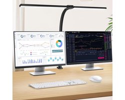 LotaHome - Bureaulamp LED Dimbaar - Dubbele Flexibele Bureauverlichting - Bureaulamp met Klem - Desklamp - Laptoplamp - Tafellamp - Werkverlichting - Inklapbaar - Bureauaccessoires - 5 Lichtstanden en 3 Dimfuncties - Touchscreen - Afstandsbediening