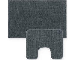 Loti Living Badmat Set Met Toiletmat Antislip – Douchemat – Badmat Badkamer – Vloermat – Badmat set wc mat – Badmat set antislip - Chenille - Antraciet - 50x80 cm + 50x40 cm