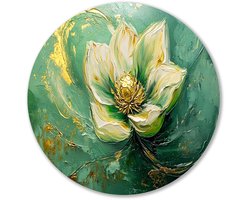Lotus in groen en goud - Bloem muurcirkel - Wandobject rond lotus - Abstract expressionisme - Forex design muurcirkel - Antieke muurkunst - Muurcirkel forex 100x100 cm