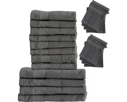 LOTUS Set 4x Badhanddoeken 70x140 + 8x Handdoeken 50x100 + 8x Washandjes - Antraciet