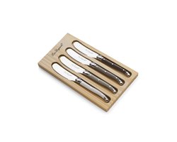 Lou Laguiole® 4-delige Botermessenset Multicolour in Houten Geschenk- en Opbergdoos– Peper/Grijs/Parelmoer/Taupe – 18/0 Chroomstaal – Iconische Laguiole-Bij- Cadeauverpakking