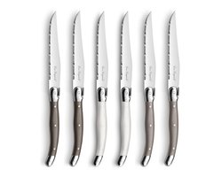 Lou laguiole - 6 steakmessen mixed bruin/parelmoer en taupe - inclusief houten blok - vaatwasmachinebestendig