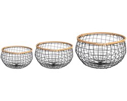 LOU metalen mand set van 3, rond, stevig - zwart/naturel. Met frame in rotanlook, ideaal voor badkamer, keuken of berging. Draadmand, organizer, opbergmand, voorraadmand, metalen mand - afbeelding boven