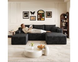 Lounge Bank L-Vorm 241 cm - Moderne Hoekbank 4-Zits Cloud Sofa Met Diepe Zit - Ribstof Bekleding - Comfortabele Bank Voor Woonkamer - Zwart