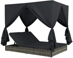 Lounge-bed met gordijnen, polyrotan zonne-eiland met zonnedak, tuinbank, ligstoel set, tuin, terras, strandstoel, grijs