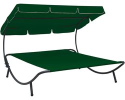 Lounge Bed met Luifel - Rieten Patio Meubelset voor Buiten - Comfortabel Dagbed en Centrale Kruk