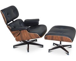 Lounge Chair + Hocker - XL - Zwart - Italiaans Leer - Fauteuil - Palissander - Stoel - Relaxfauteuil - Set