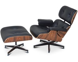 Lounge Chair + Ottoman - Zwart - Leer - Palissander - Loungestoel - Fauteuil - Relaxfauteuil