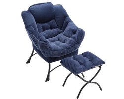 Lounge Chair – Relaxstoel – Fauteuil – Leunstoel – Hoekstoel – Navy Blauw – Met Voetenbank – Stevig Metalen Frame